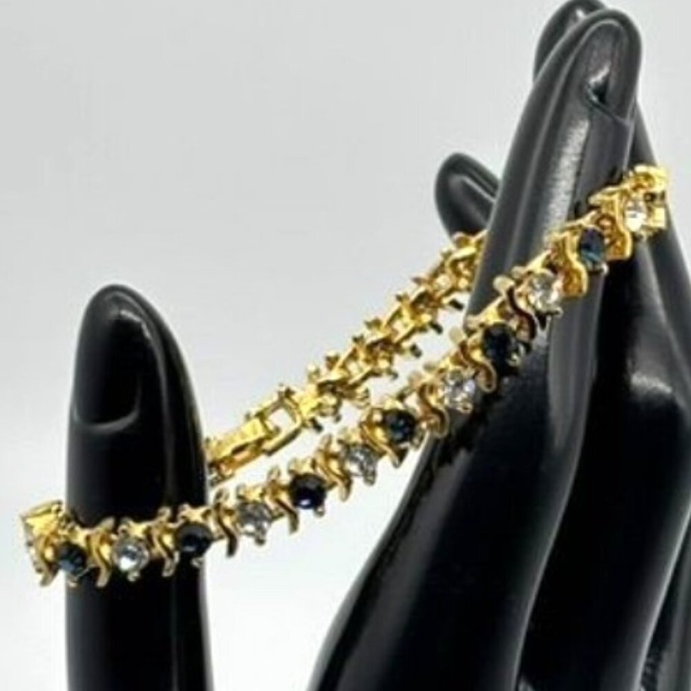 Vintage Gold Tone Metal and Faux Sapphire Faux Diamond Tennis Style Bracelet 80s - Picture 6 of 13